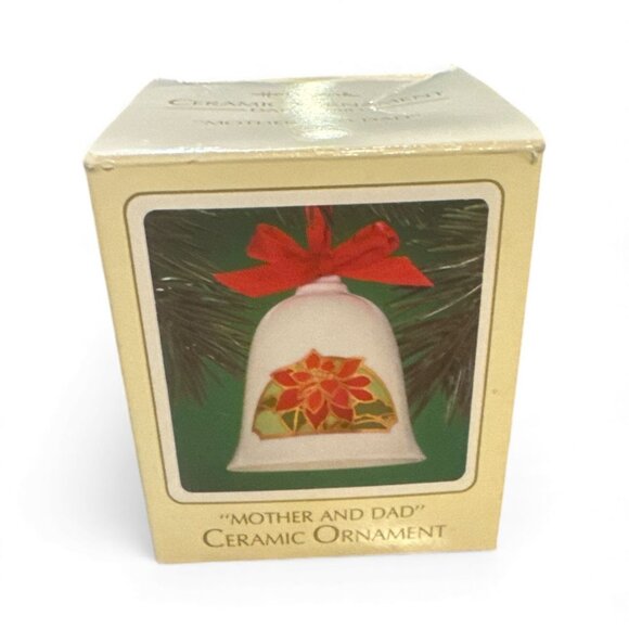 Vintage Hallmark 1983 Ceramic Mom & Dad Christmas Bell Ornament With Red Ribbon - Picture 2 of 9
